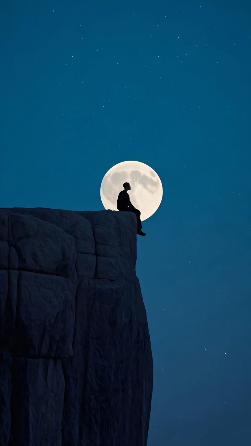 Moon Silhouette on Cliff Night