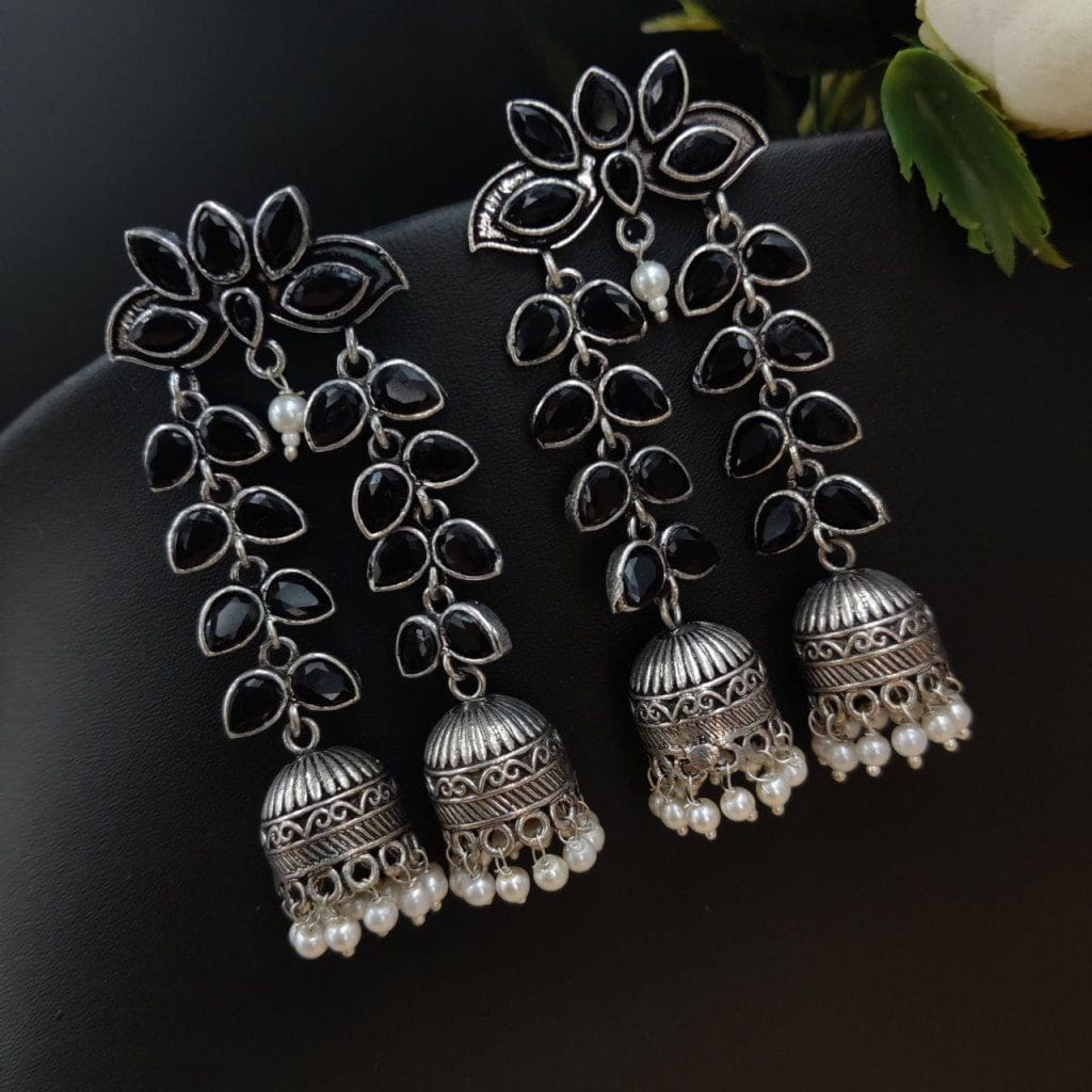 Double Layer Jhumka Oxidised Leaf Earrings