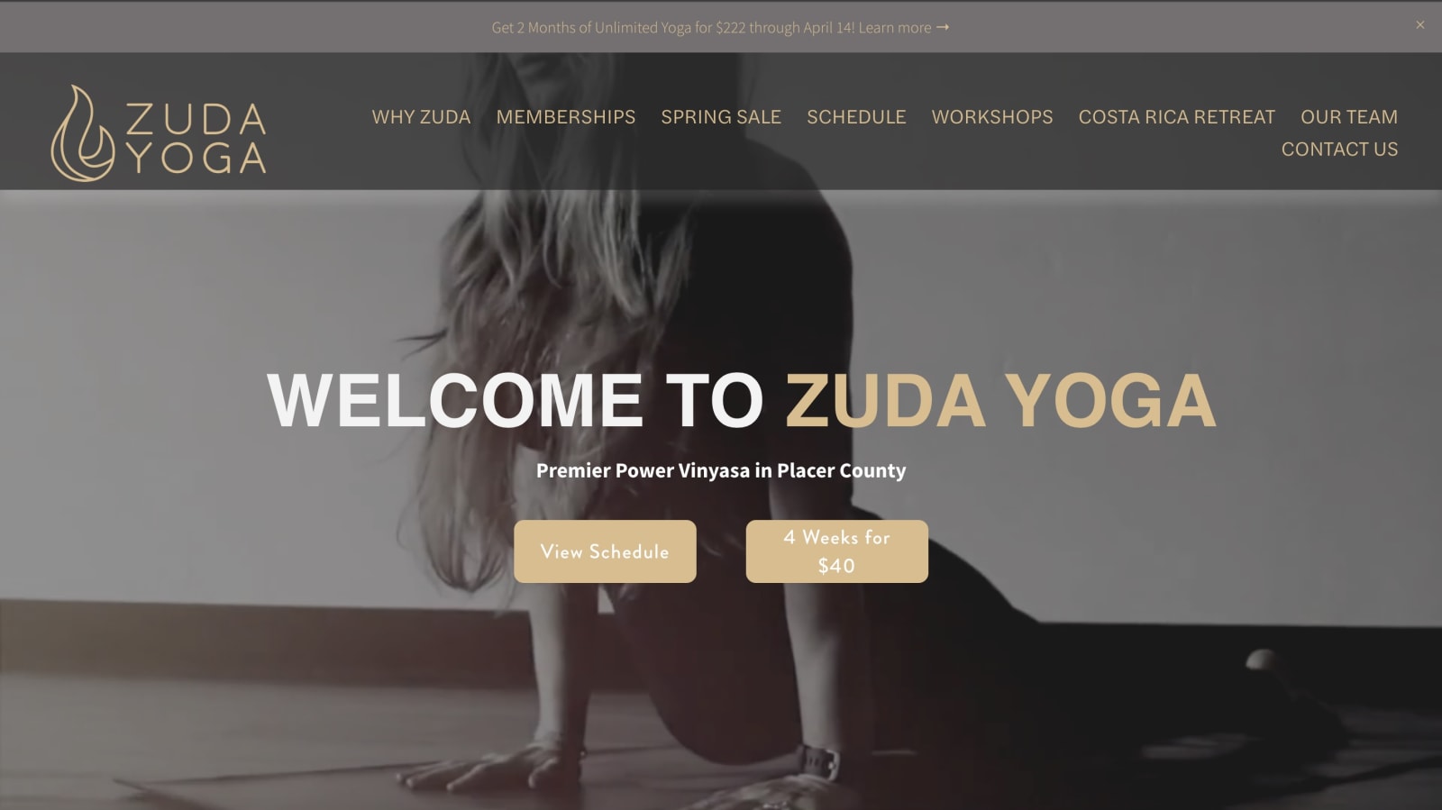 Zuda Yoga website homepage