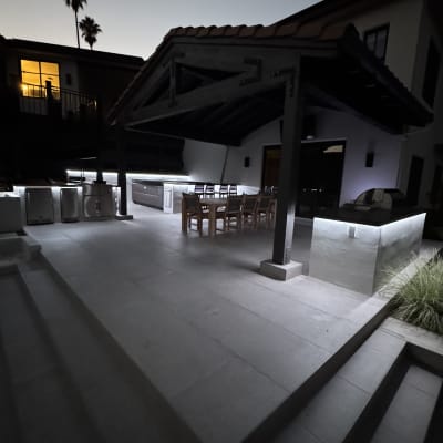 Outdoor kitchen white strip lighting