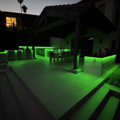 Outdoor kitchen green strip lighting