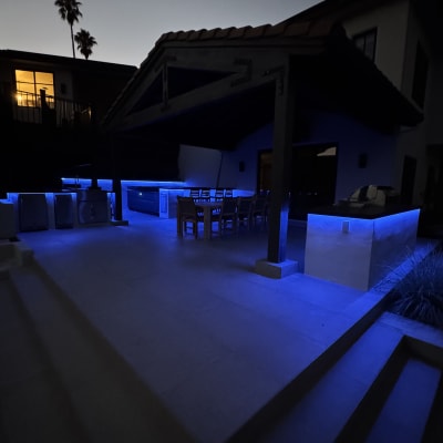 Outdoor kitchen blue strip lighting