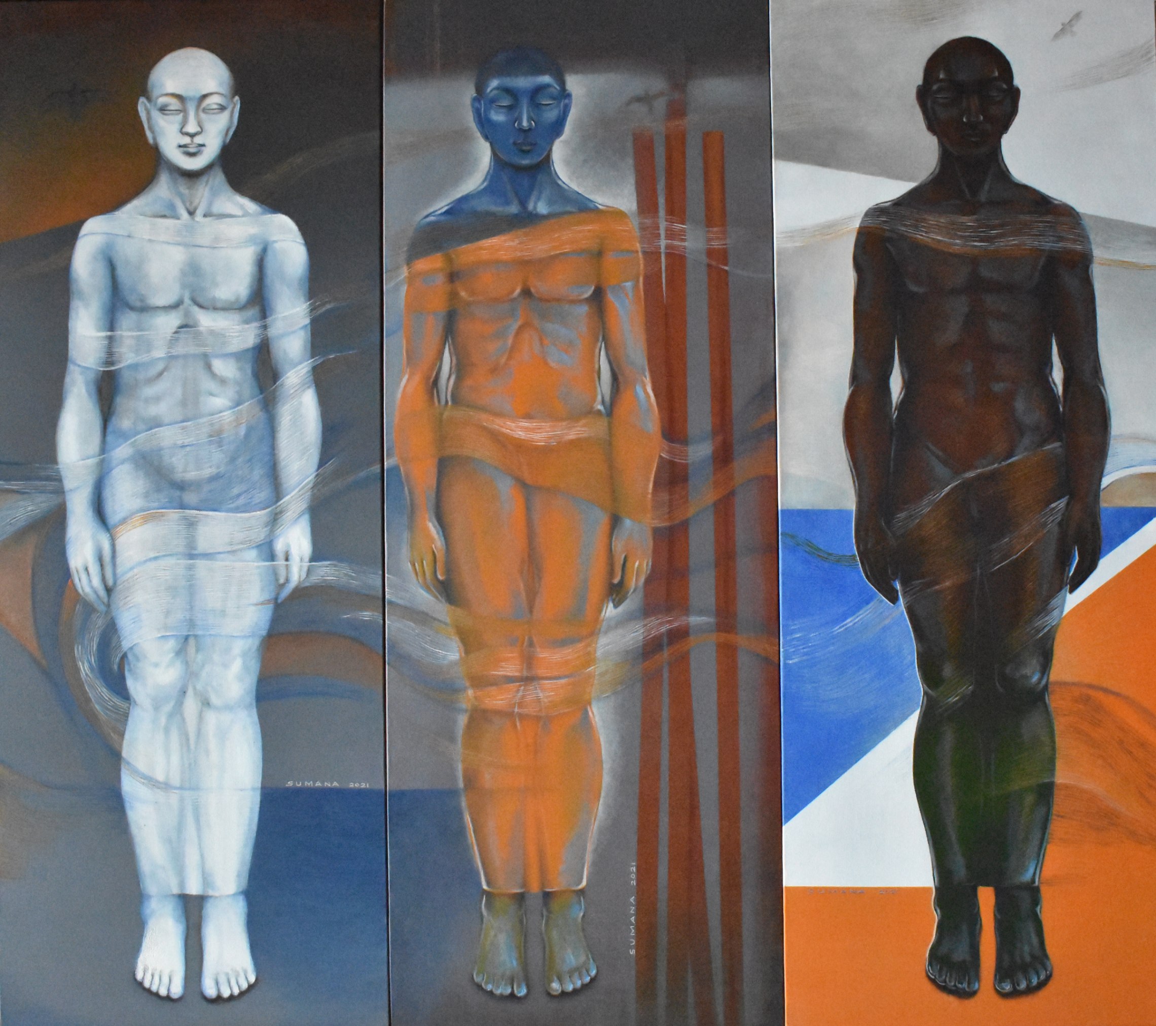 Three Paths to Moksha (Karma Yoga, Bhakti Yoga, Jnana Yoga) - Triptych by Sumana Dey