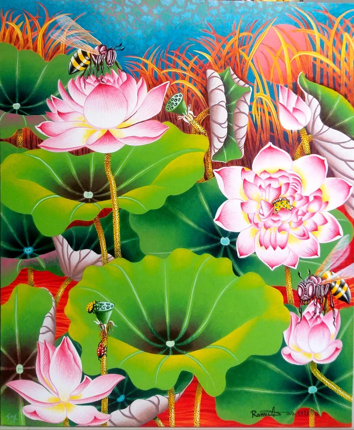 GREEN LOTUS POND by Artist Ramu Das