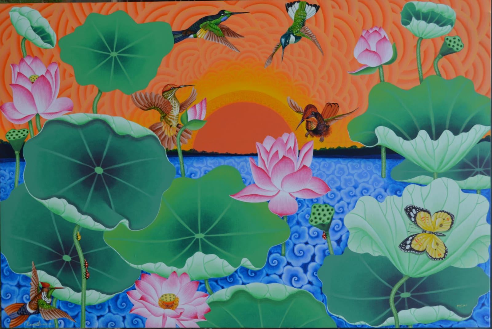 SUN BIRDS FLYING ON THE LOTUS POND by Artist Ramu Das