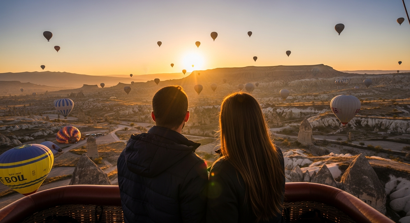 Couple watching the sunrise on a hot air balloon tour in Cappadocia
