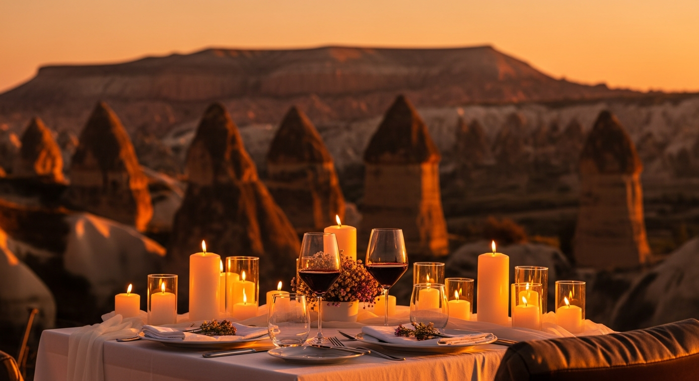 Romantic dinner with candles and wine glasses overlooking the fairy chimneys in Cappadocia
