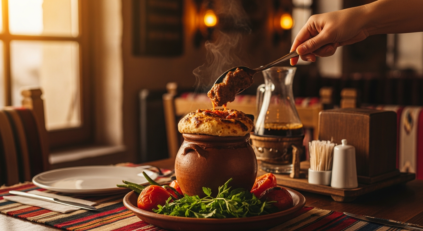 Traditional Turkish pottery kebab served in a restaurant in Cappadocia