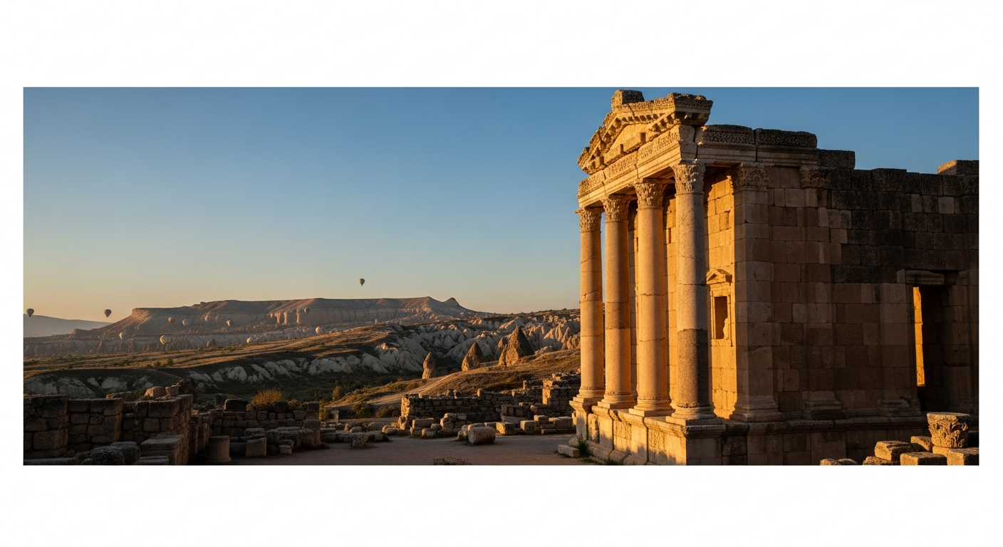 Remains of an ancient Roman temple in Cappadocia with a clear blue sky in the background