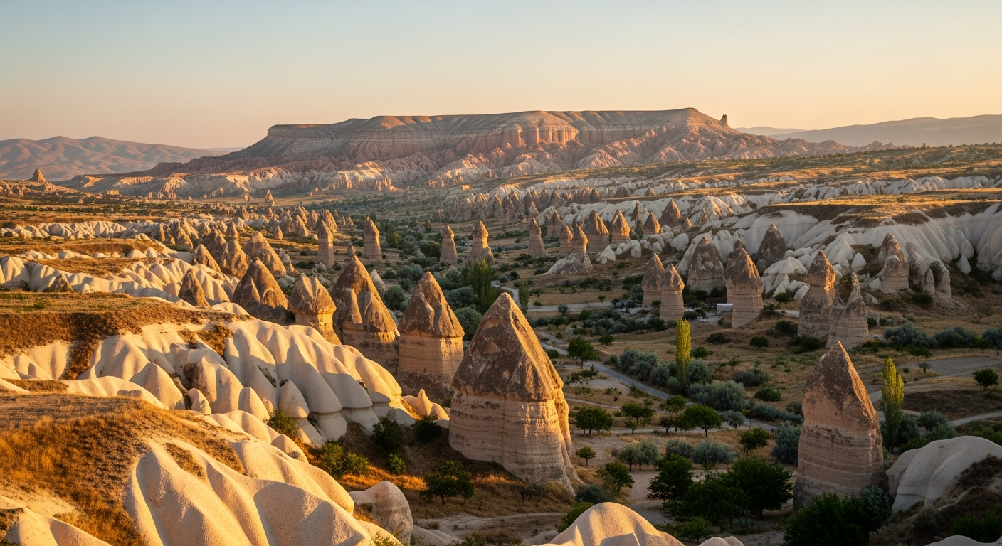Scenic view of Cappadocia valleys and fairy chimneys illuminated by warm, golden light at sunset