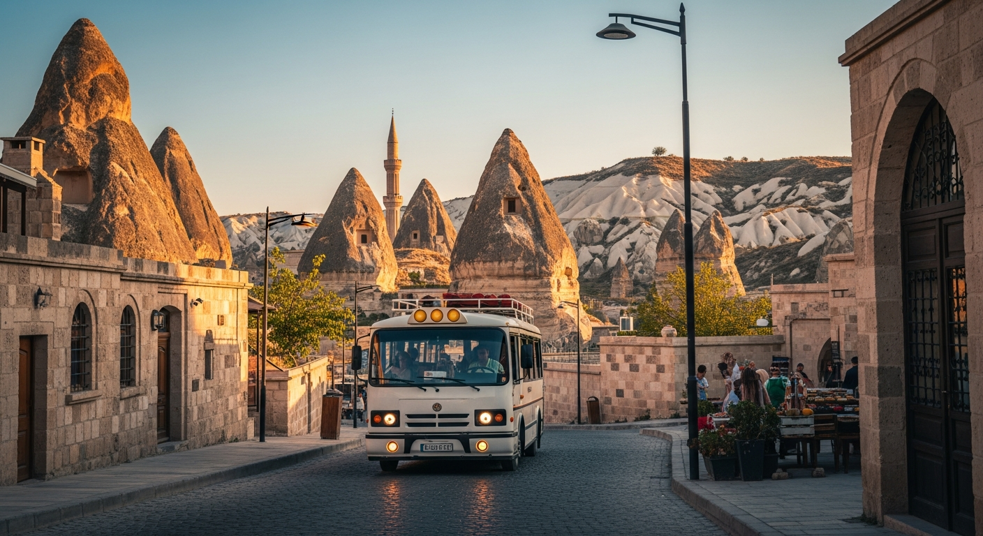 A traditional Turkish dolmuş (minibus) driving on a narrow street in Cappadocia