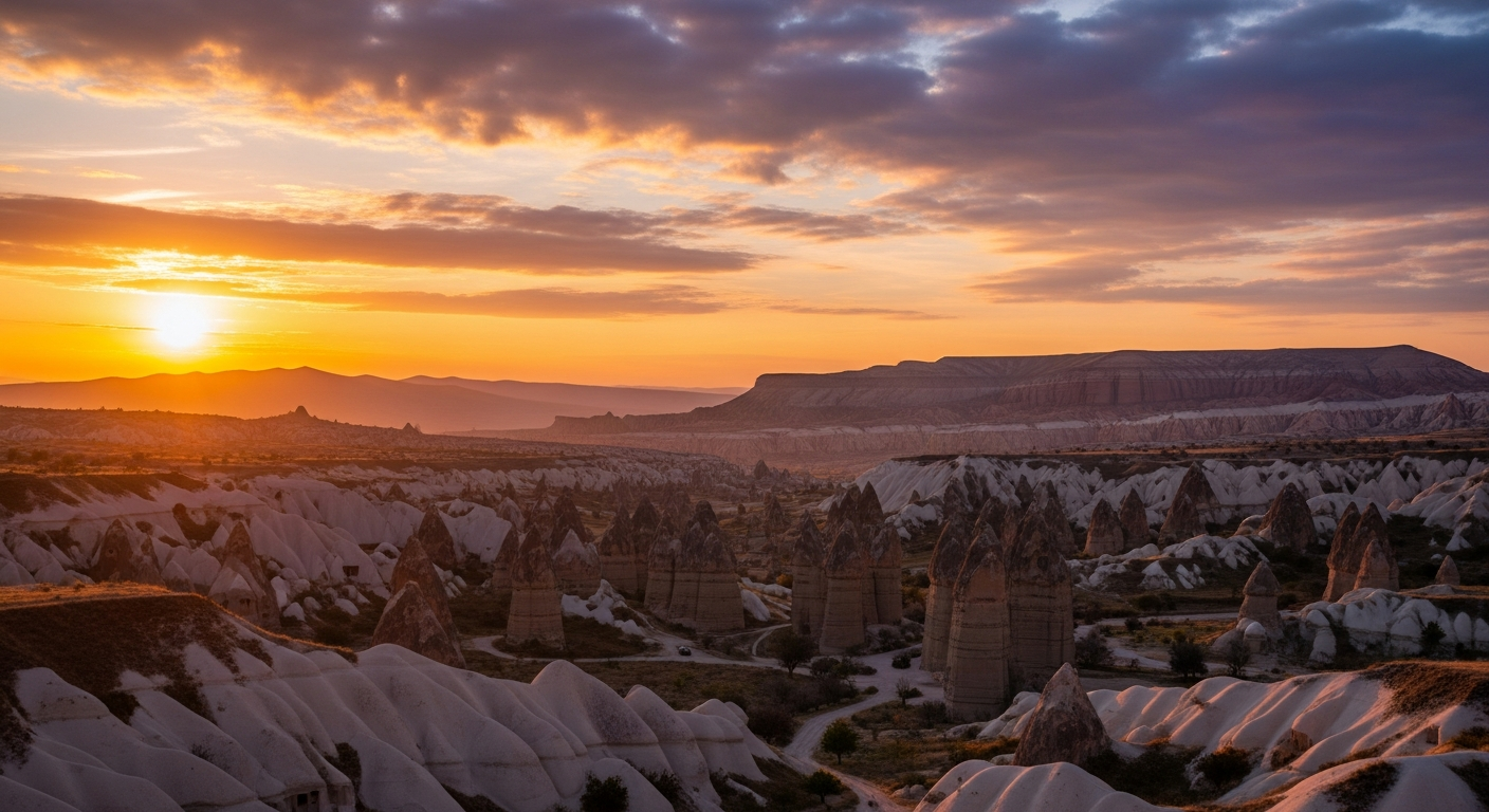 A magnificent sunset view over Cappadocia valleys, with colorful clouds and fairy chimneys