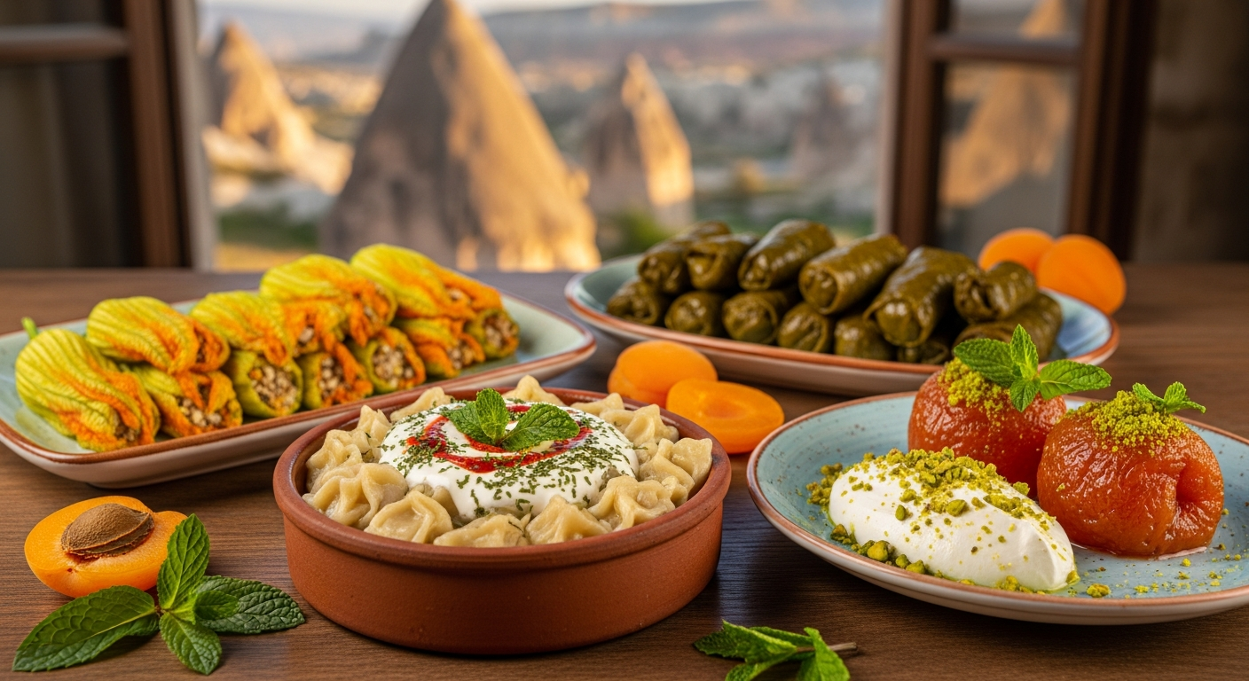 Kapadokya yöresel yemekler: mantı, kabak çiçeği dolması ve kayısı tatlısı