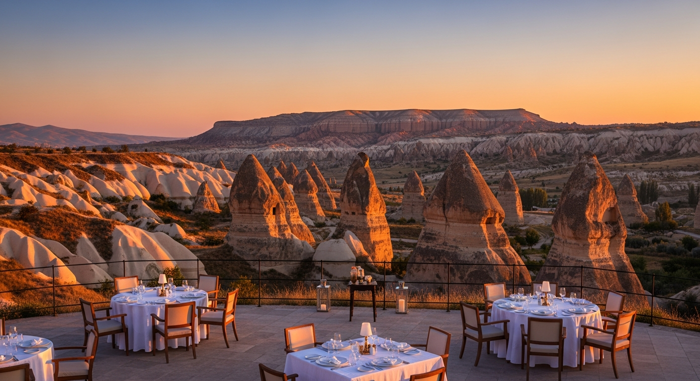 Kapadokya'da gün batımında akşam yemeği manzarası