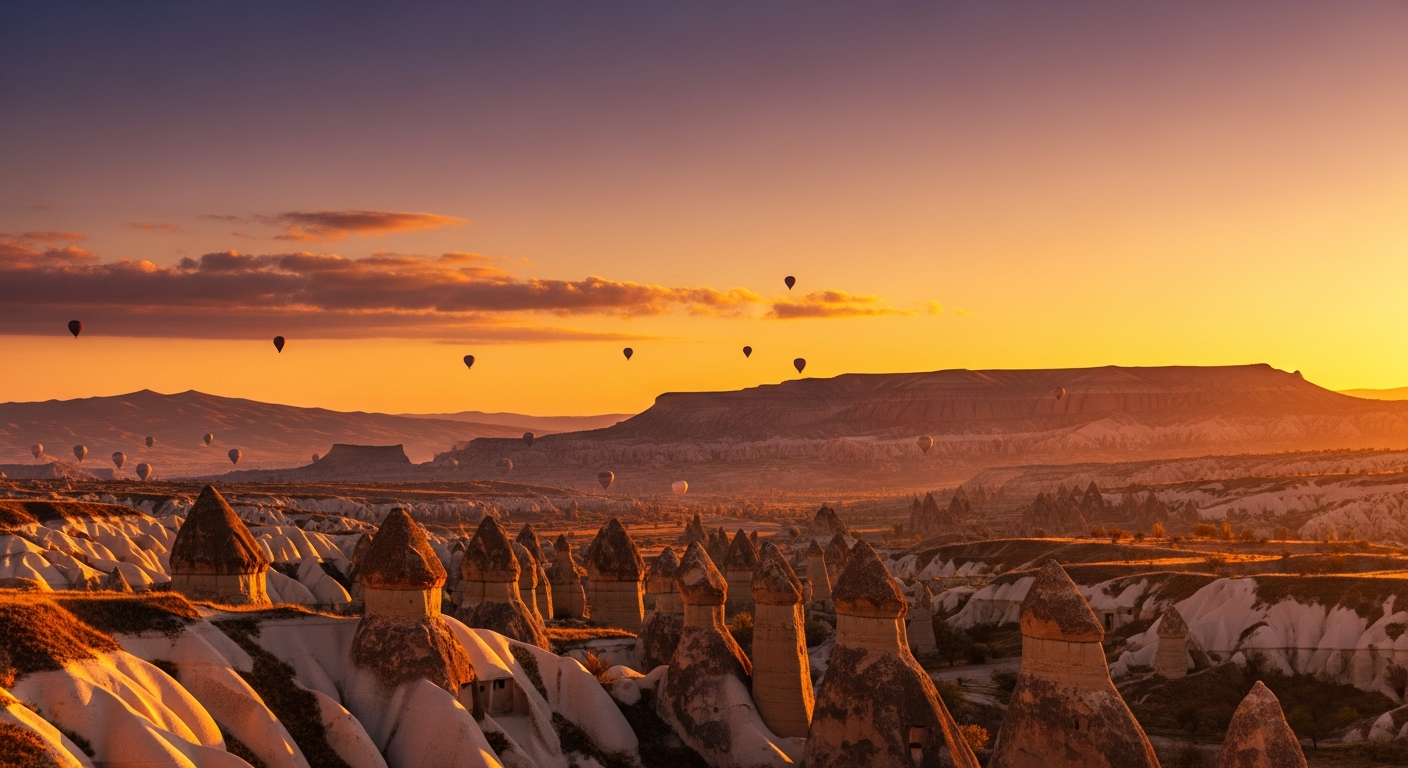 Panoramic view of fairy chimneys and valleys at sunset in Cappadocia