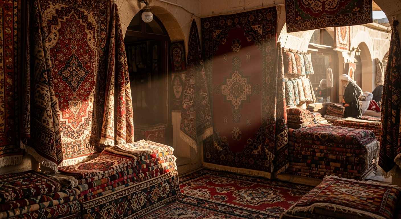 A traditional Turkish carpet shop in Cappadocia with colorful carpets hanging on the walls