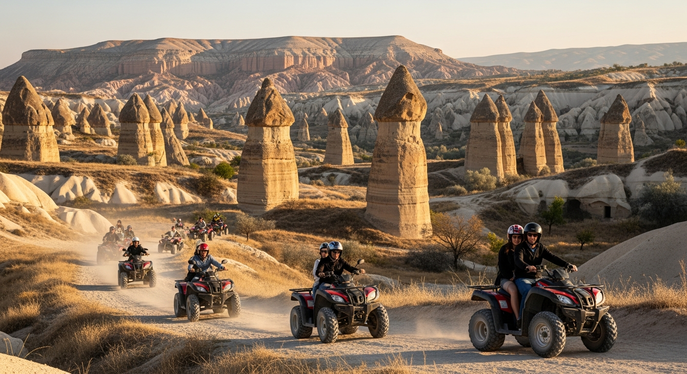A group of people riding ATVs among the fairy chimneys in a Cappadocia valley