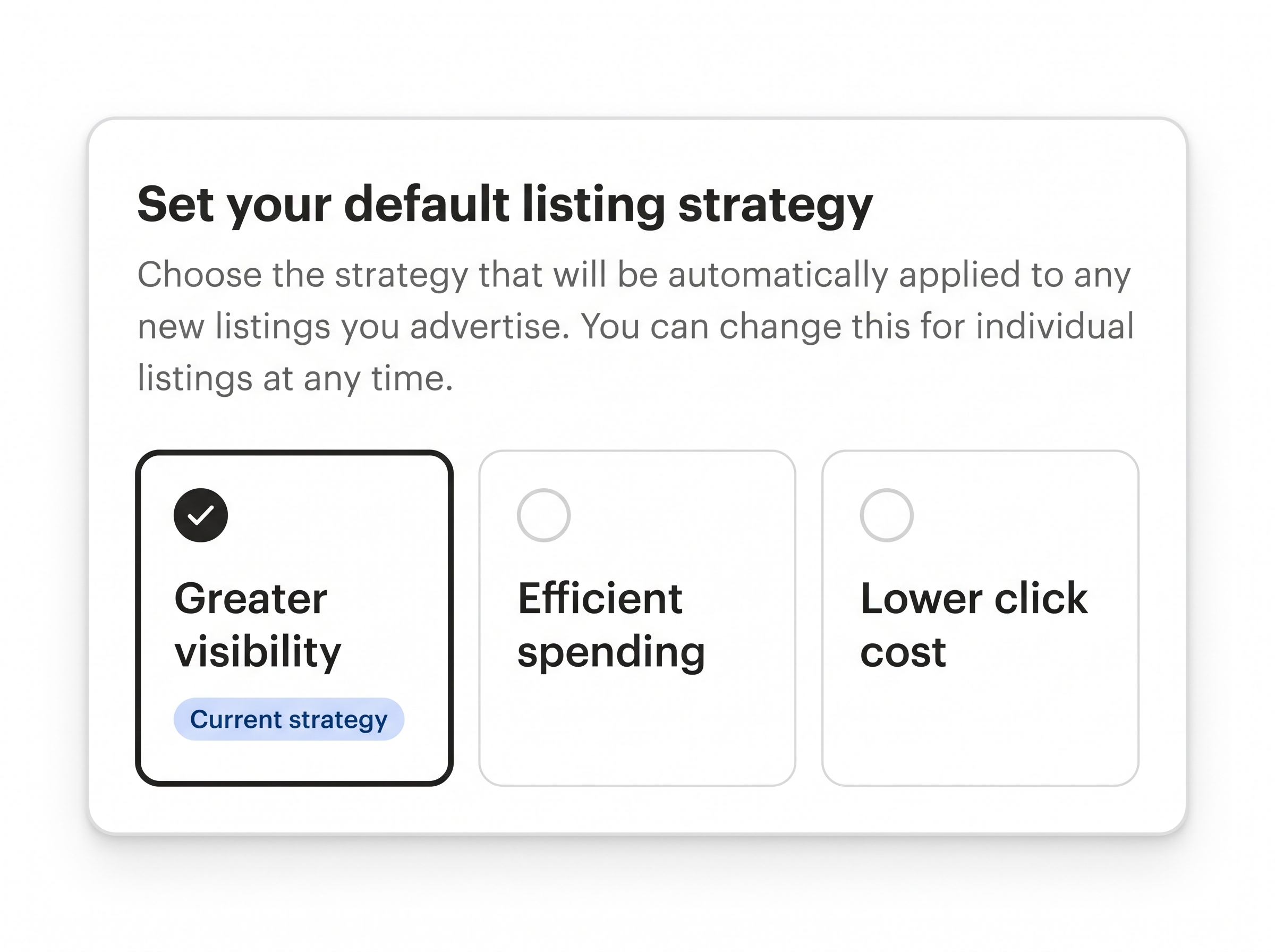 Etsy Ads — varsayılan listeleme stratejisi seçimi: Greater visibility, Efficient spending, Lower click cost