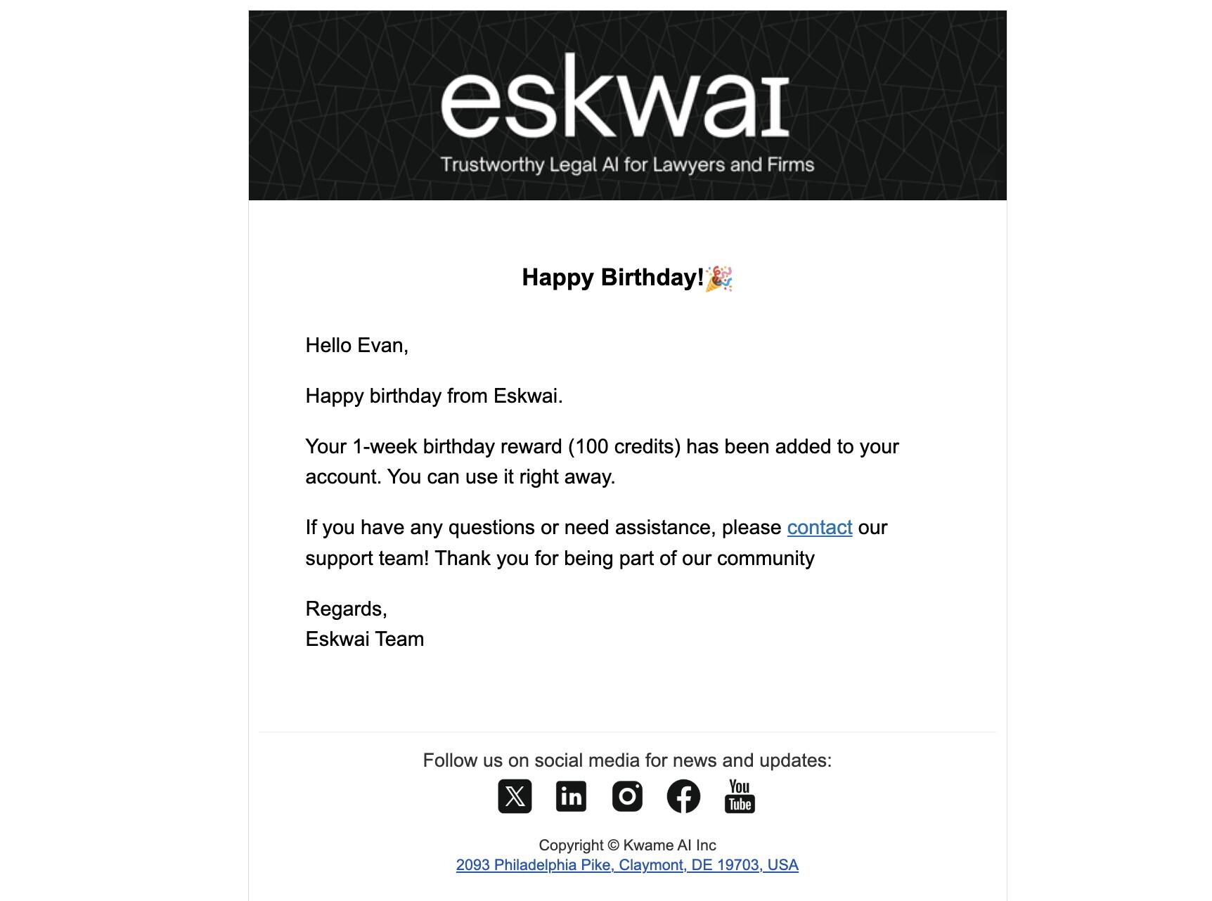 Eskwai birthday reward email