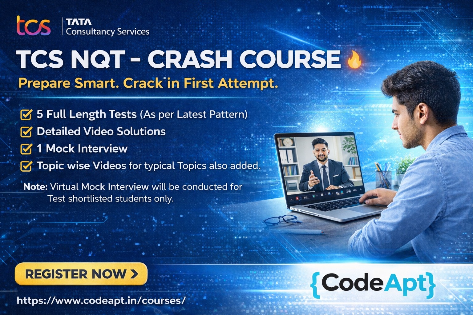 TCS NQT - Crash Course - Tests + Video Solutions + Mock Interview