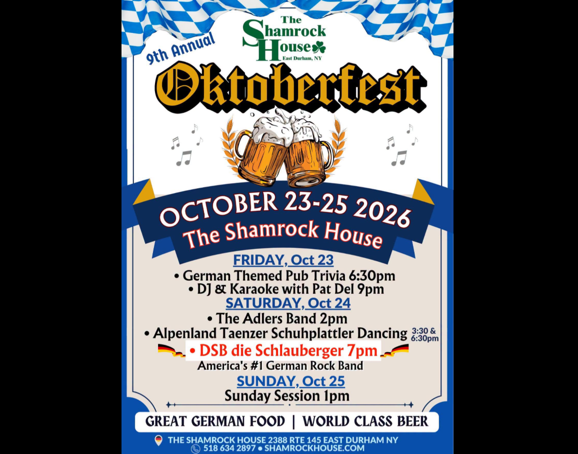 Oktoberfest Celebration October 23-25 East Durham NY with live performance by DSB die Schlauberger.