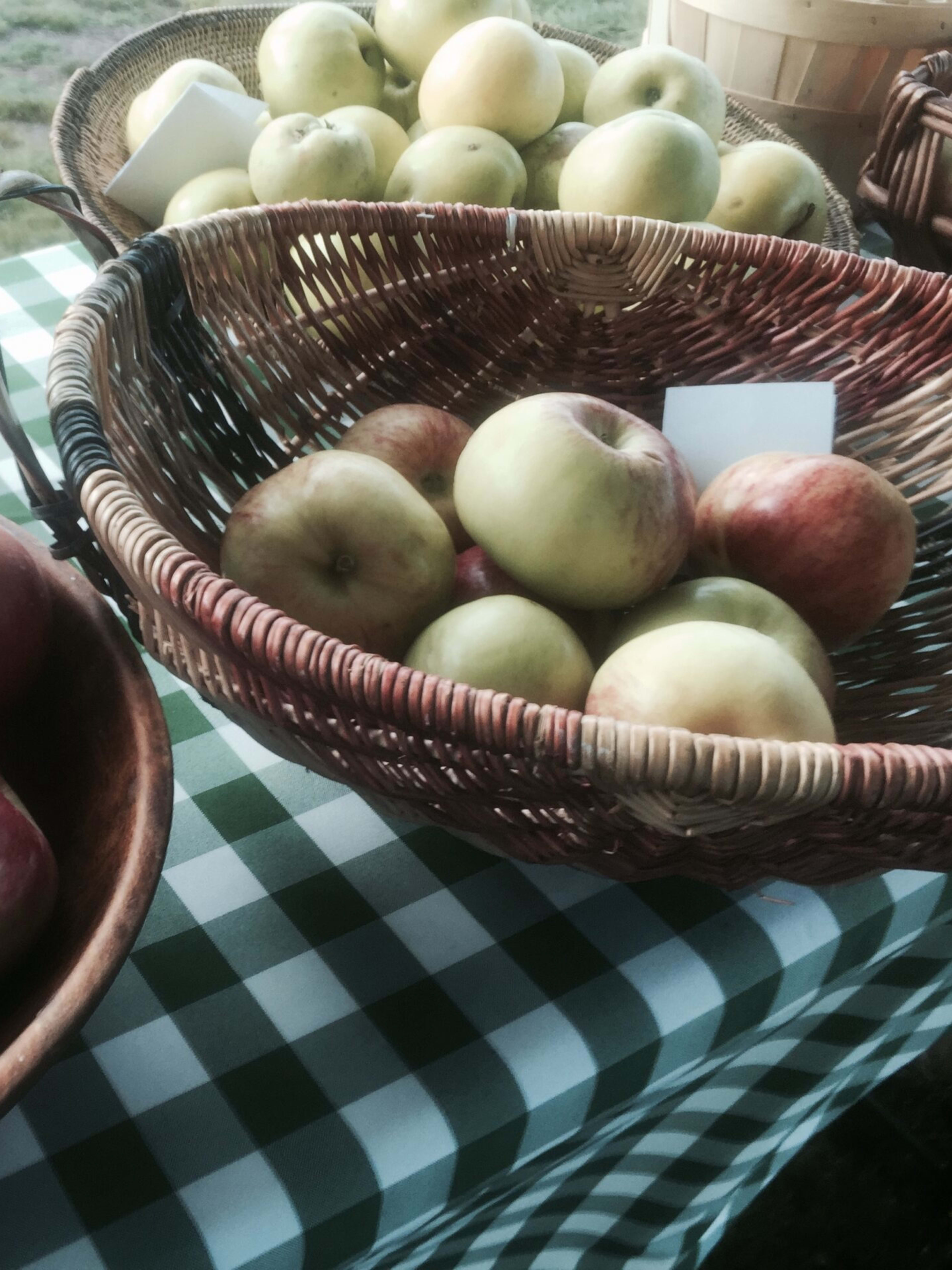 Baskets of red Zesatar and green apples displayed on a checkered tablecloth at an outdoor farmers market.