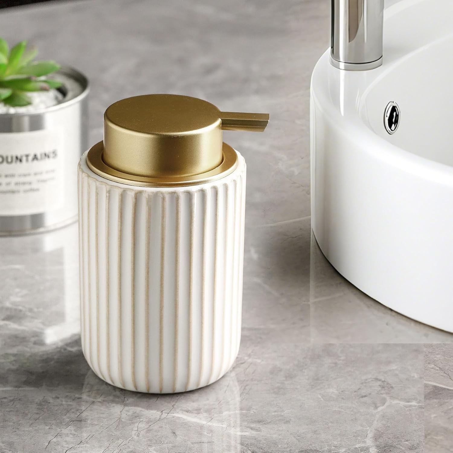 TEAKISS Glazed White Ceramic Soap Dispenser with Gold Pump
