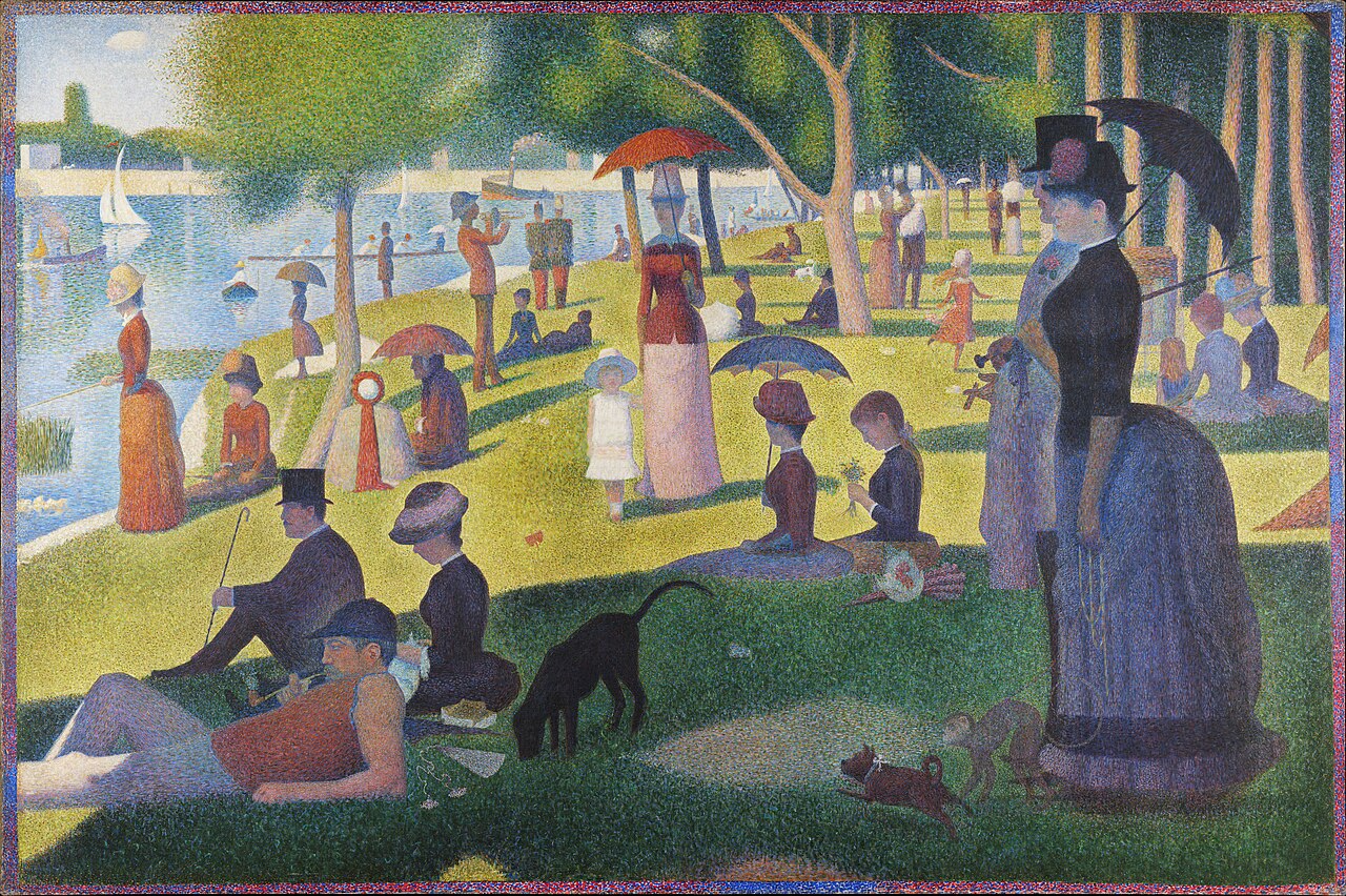 Combien de temps environ Seurat consacra-t-il à l'élaboration de ce tableau monumental (environ 2 × 3 mètres), réalisé grâce à sa technique des petits points de couleur juxtaposés ?