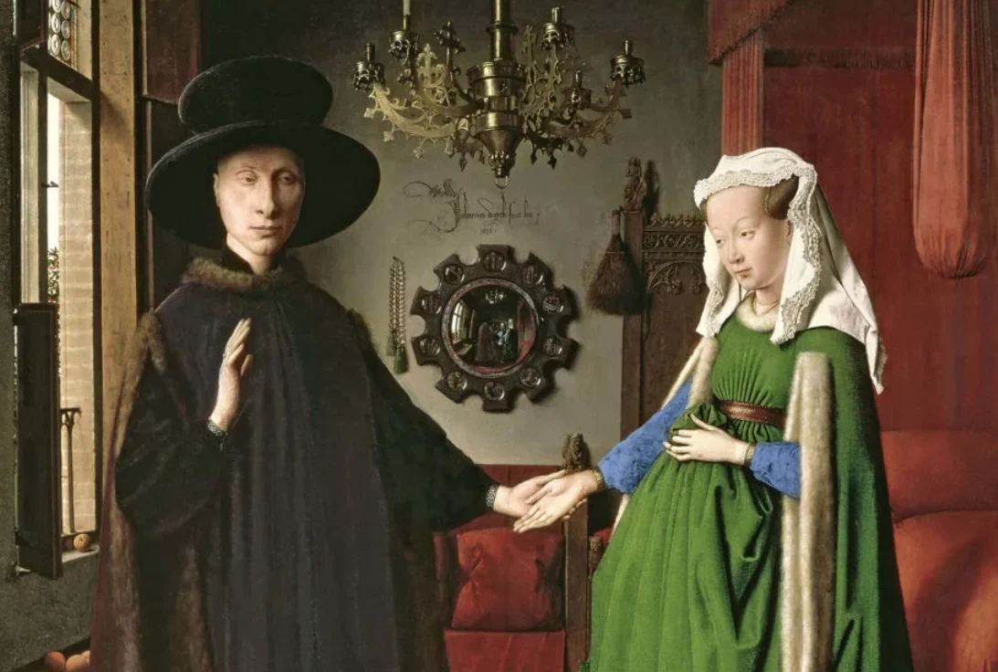 Que révèle le minuscule miroir convexe placé au fond du Portrait des époux Arnolfini de Van Eyck ?