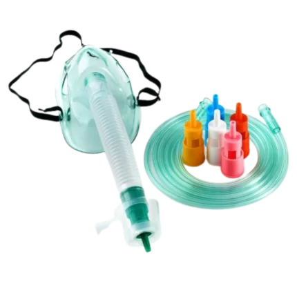 Masti de oxigen Venturi pentru adulti, sterile, cu clip pentru fixare pe nas, tub ondulat de 15cm, tub extensibil 200 cm, cupa si sase adaptoare pentru concentratie variabila de oxigen