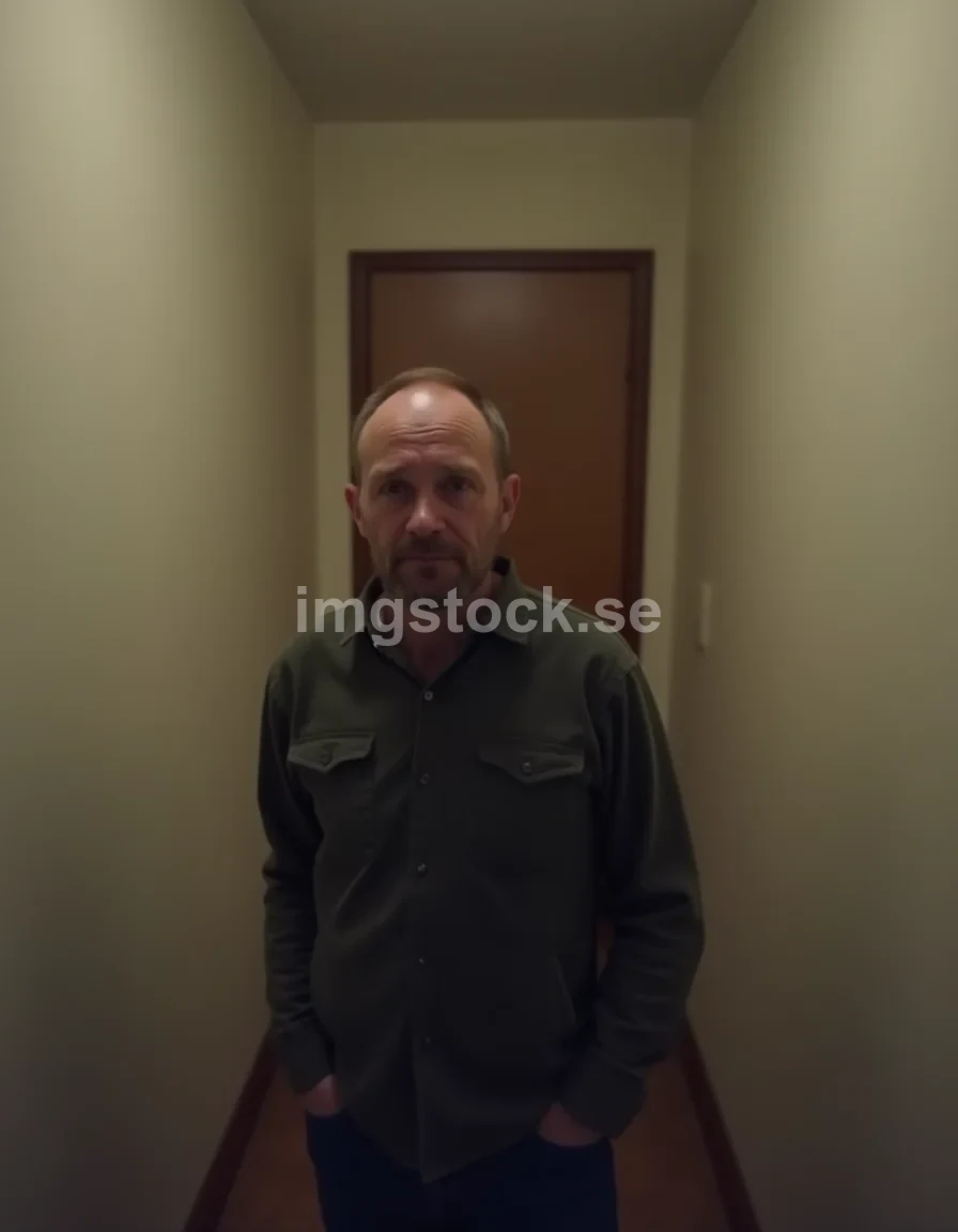Medelålders svensk man i mörk hallkorridor