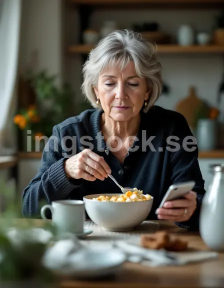 Äldre kvinna äter frukost och tittar på mobilen