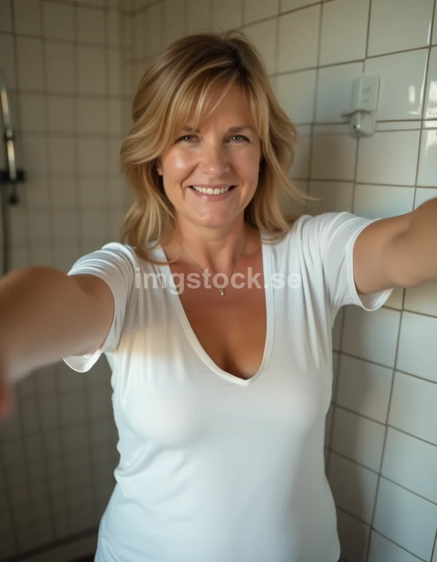 Medelålders kvinna tar selfie i badrum