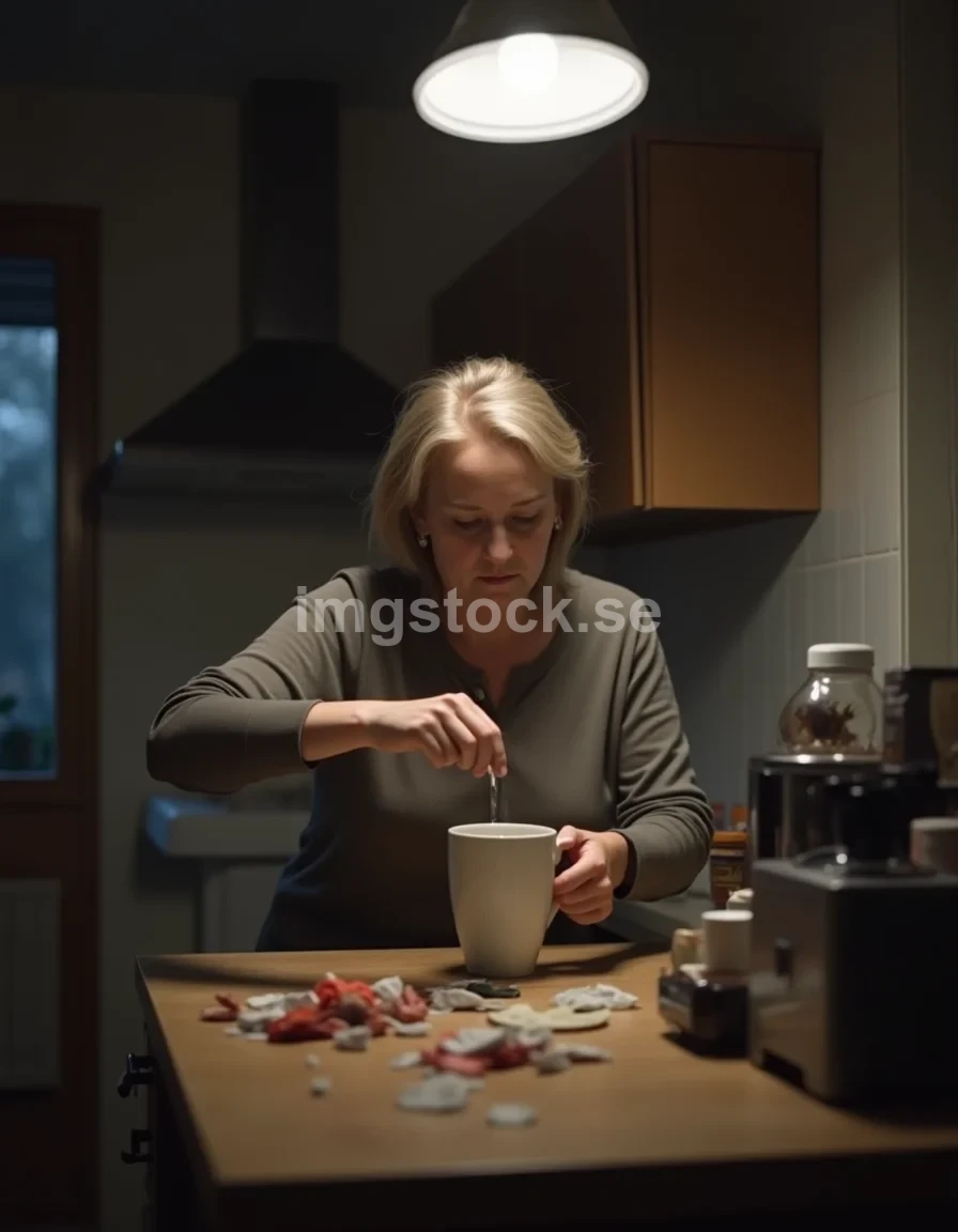Medelålders kvinna rör i kaffekopp i stökigt kök