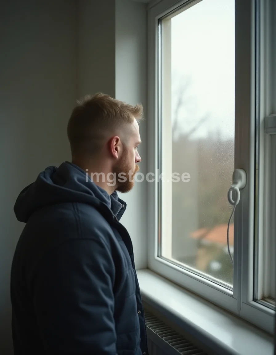 Svensk man vid fönster en regnig dag