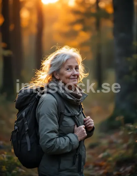 Äldre kvinna vandrar i svensk skog i gyllene timmen