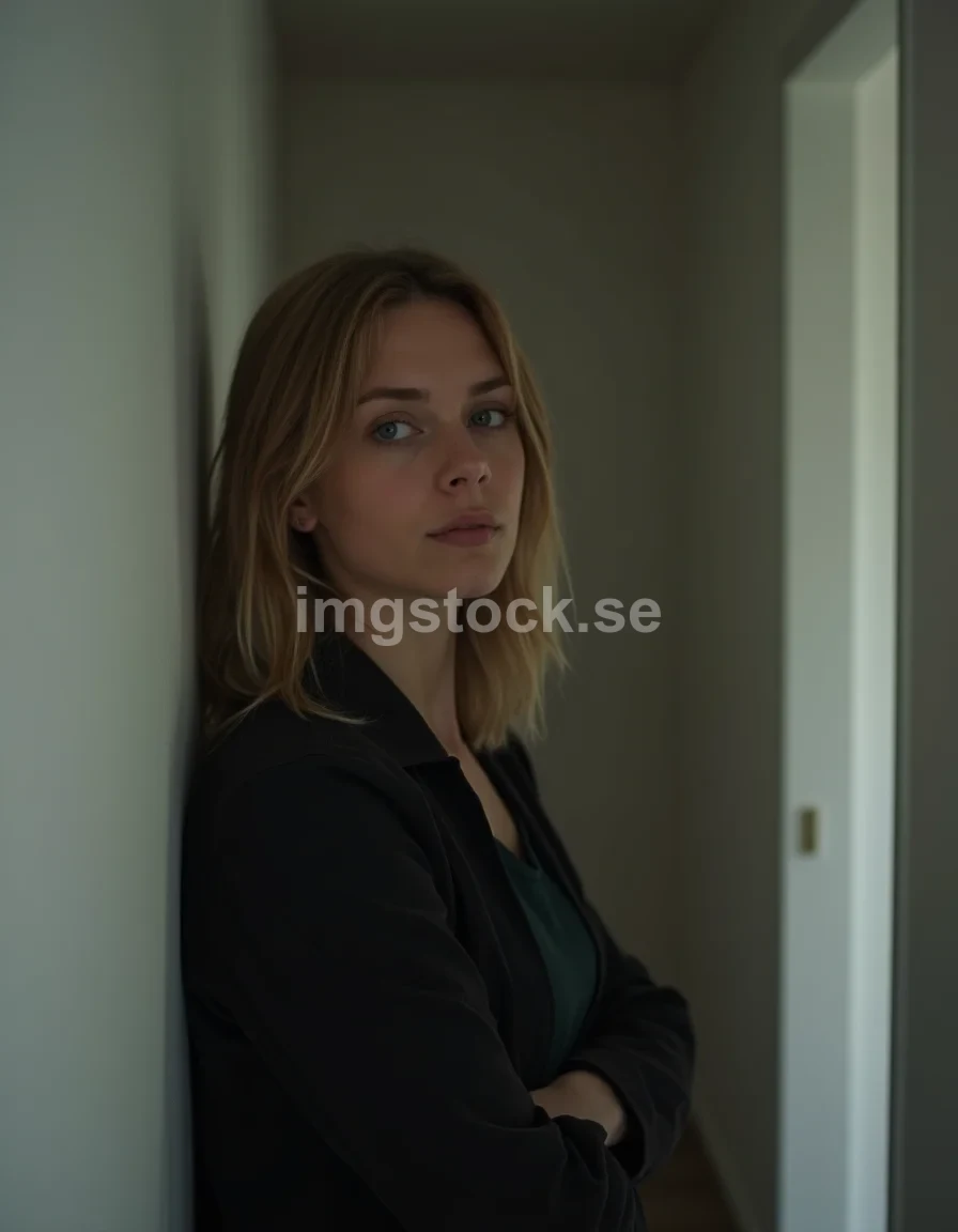 Ung kvinna i mörk hall lutad mot vägg