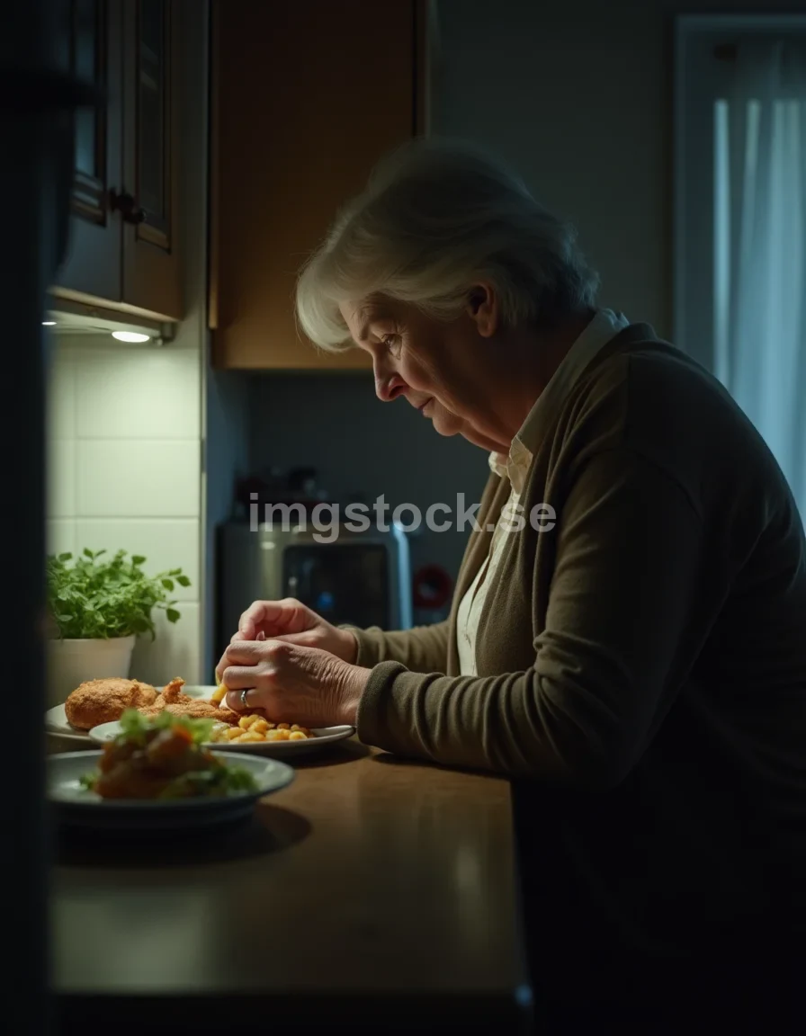 Äldre kvinna äter ensam i köket på natten
