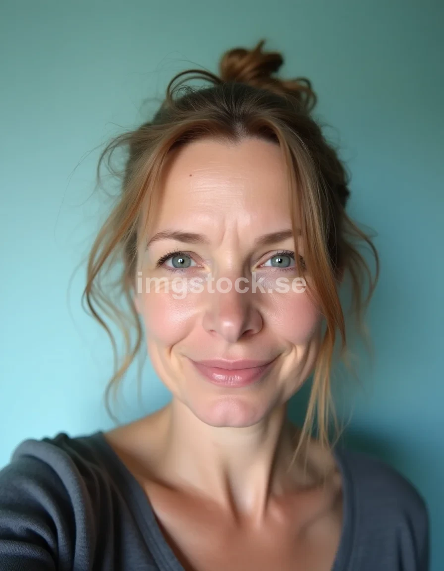 Vardaglig selfie av medelålders kvinna mot blå vägg