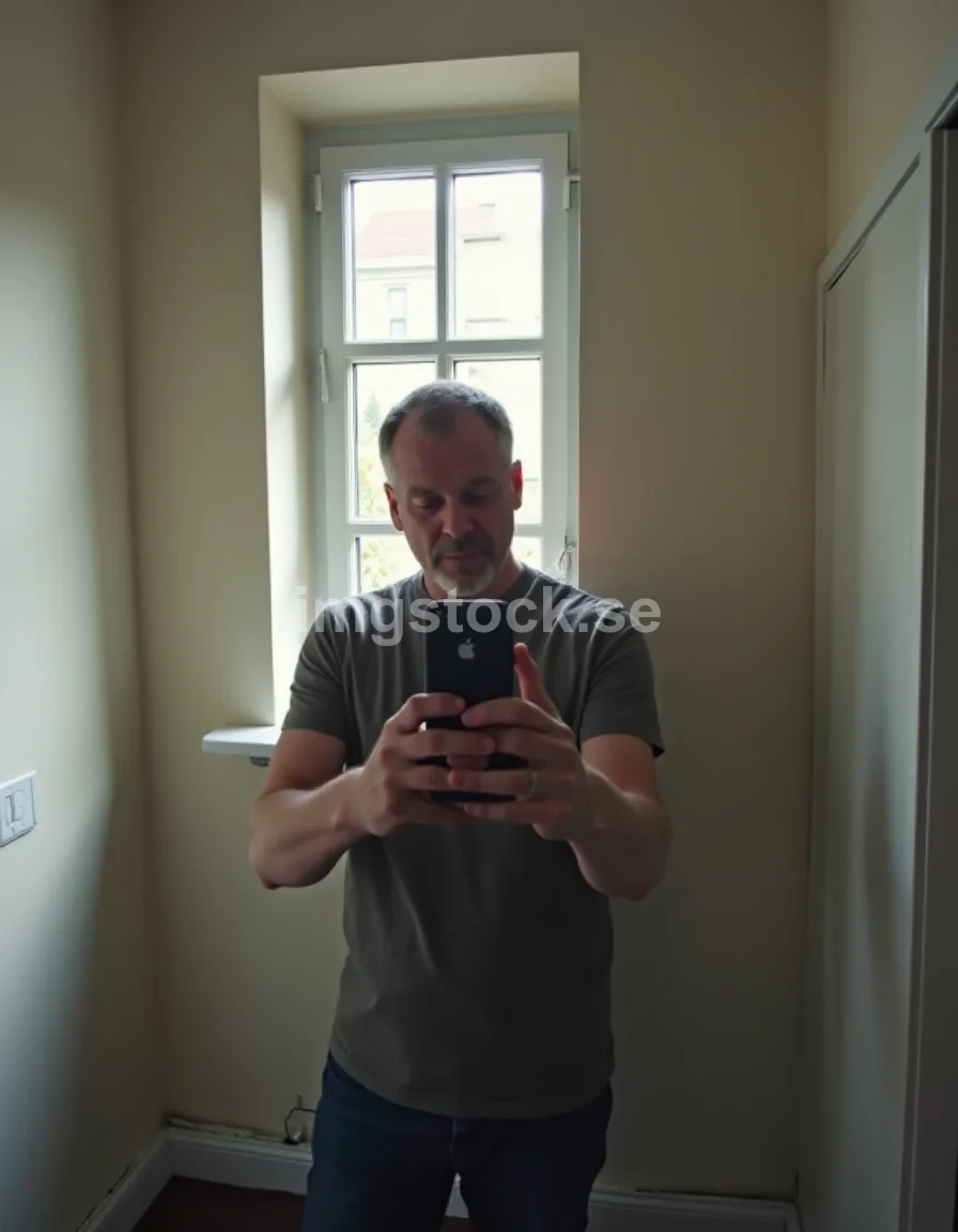 Medelålders svensk man tar spegelselfie vid fönster