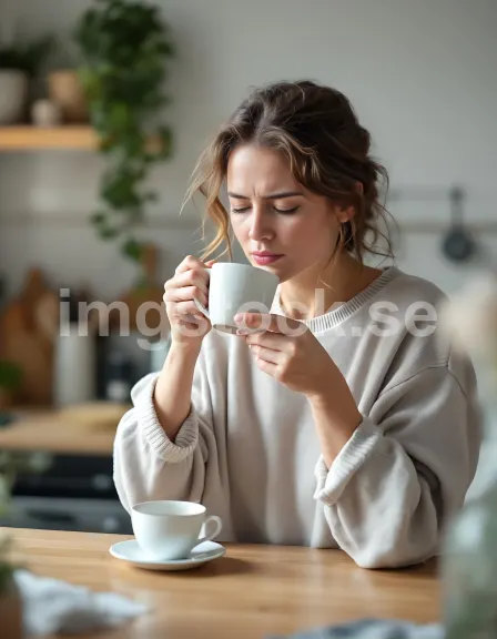 Trött kvinna dricker morgonkaffe i köket