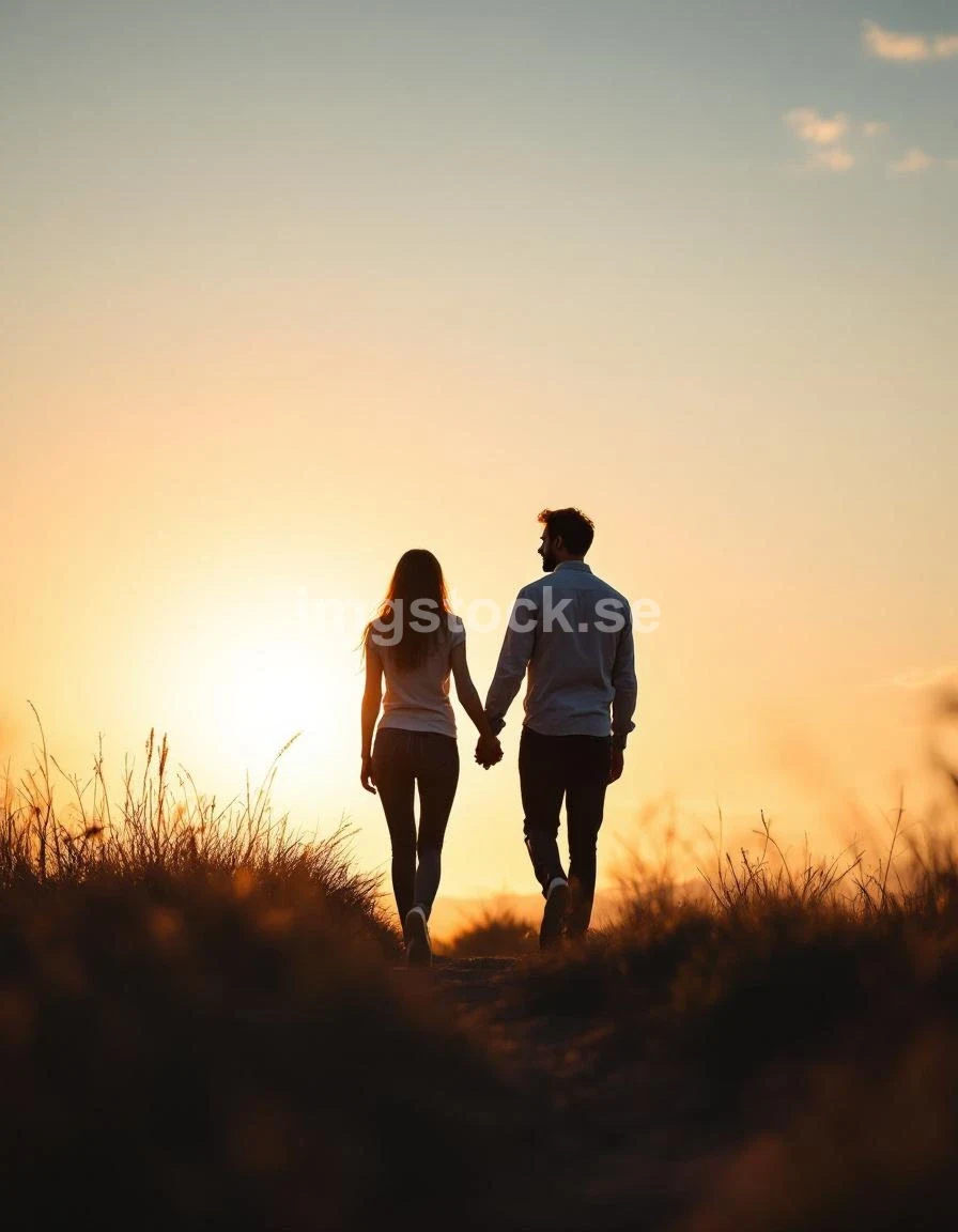 Par går hand i hand i solnedgång