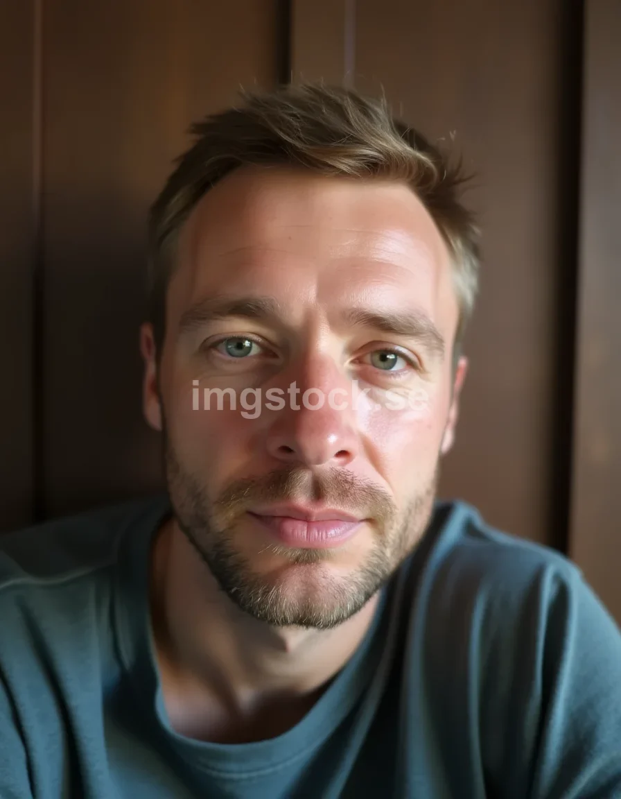 Närbild av medelålders svensk man mot träpanel
