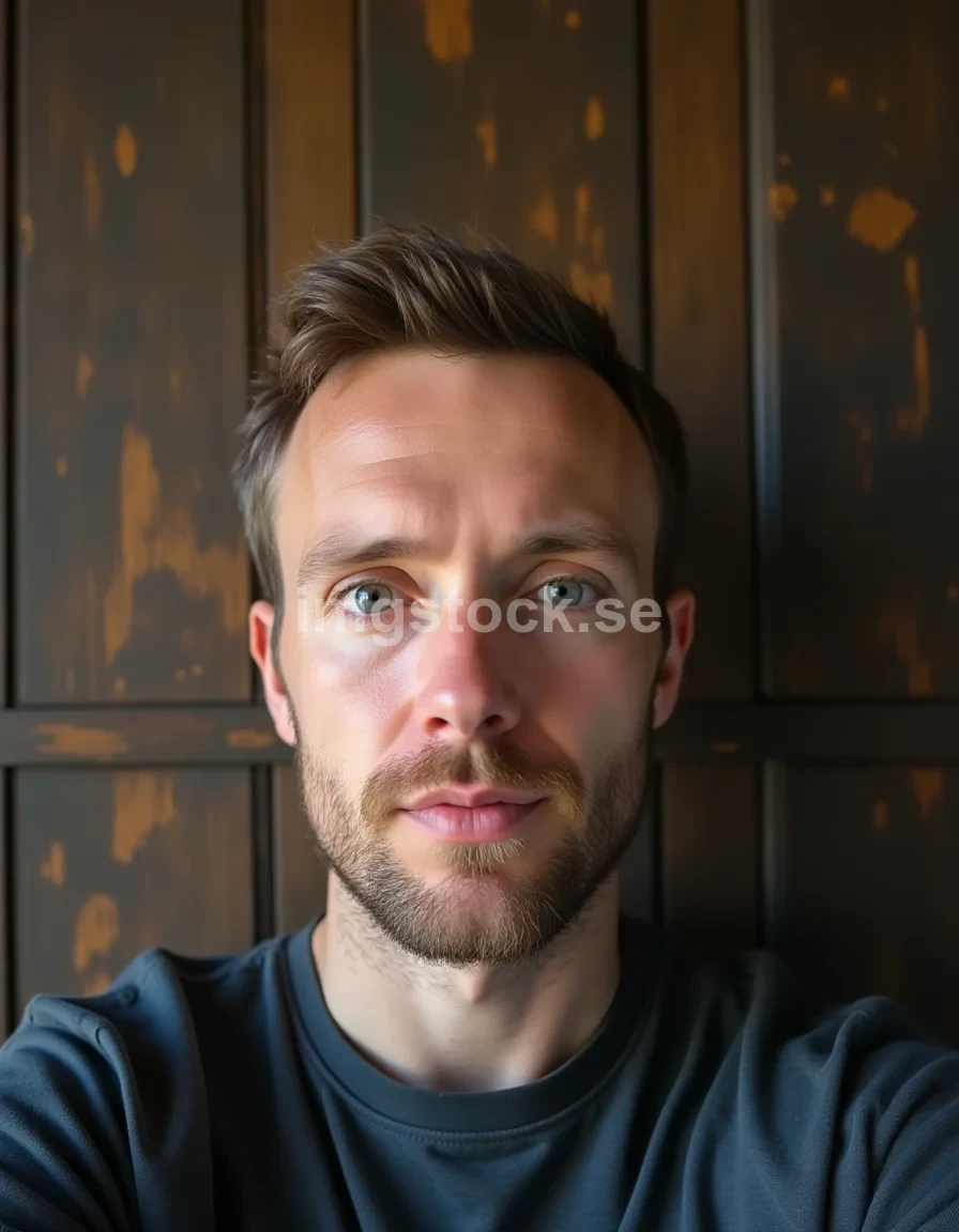 Selfie av svensk man mot mörk träpanel