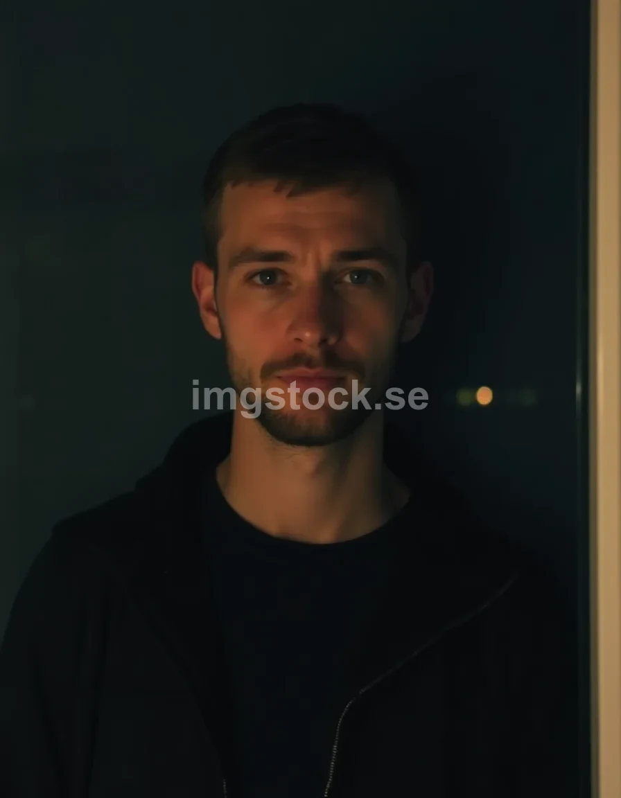 Ung svensk man vid mörkt fönster på natten