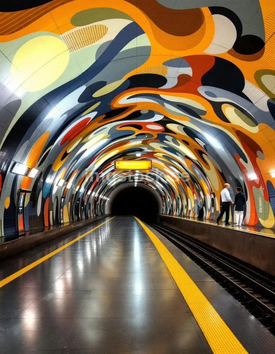 Stockholms tunnelbana med färgstark konst i tak