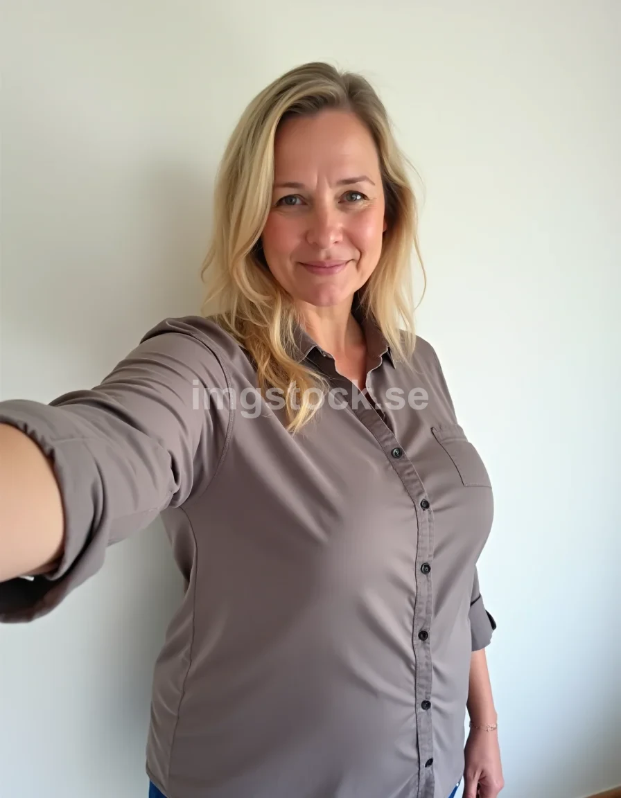 Svensk kvinna i 50-årsåldern tar selfie mot vit vägg