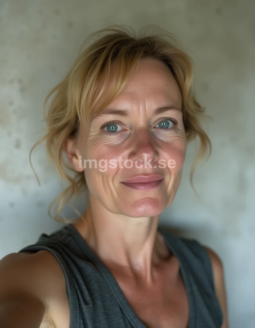 Medelålders svensk kvinna selfie mot betongvägg