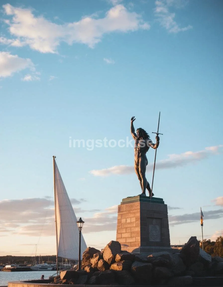 Poseidonstatyn i Göteborg vid gyllene timmen
