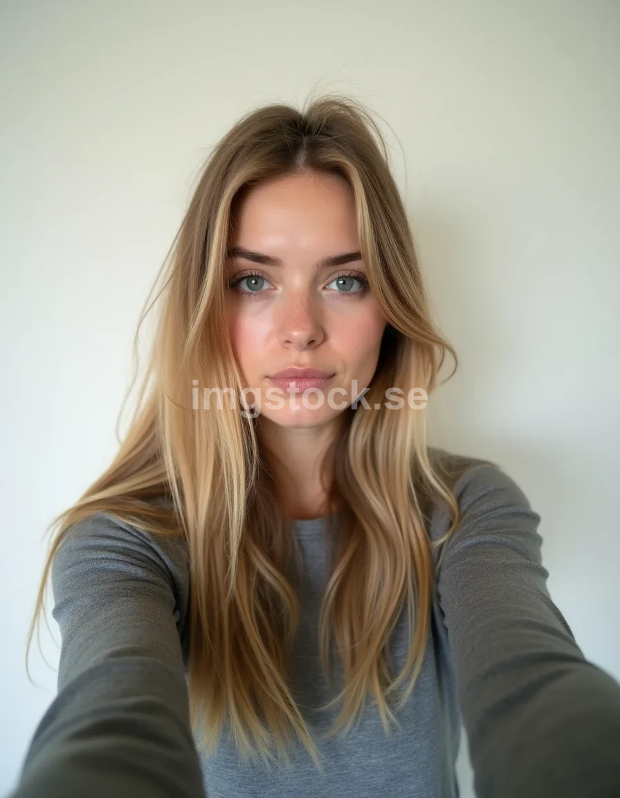 Selfie av ung svensk kvinna mot vit vägg